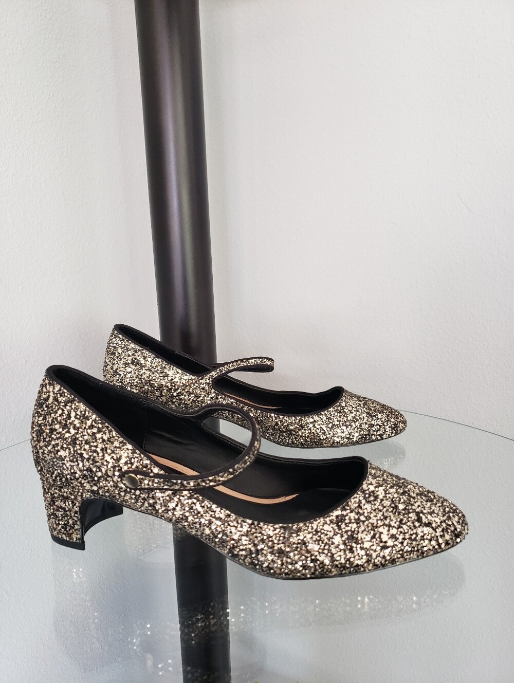 Zara Gold Glitter Mary Jane Block Heel Pumps Size 37 US (6.5)